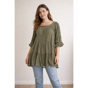 Free People Olive Green Tiered Ruffle Tunic Top Boho Smocked Square Neck Size L